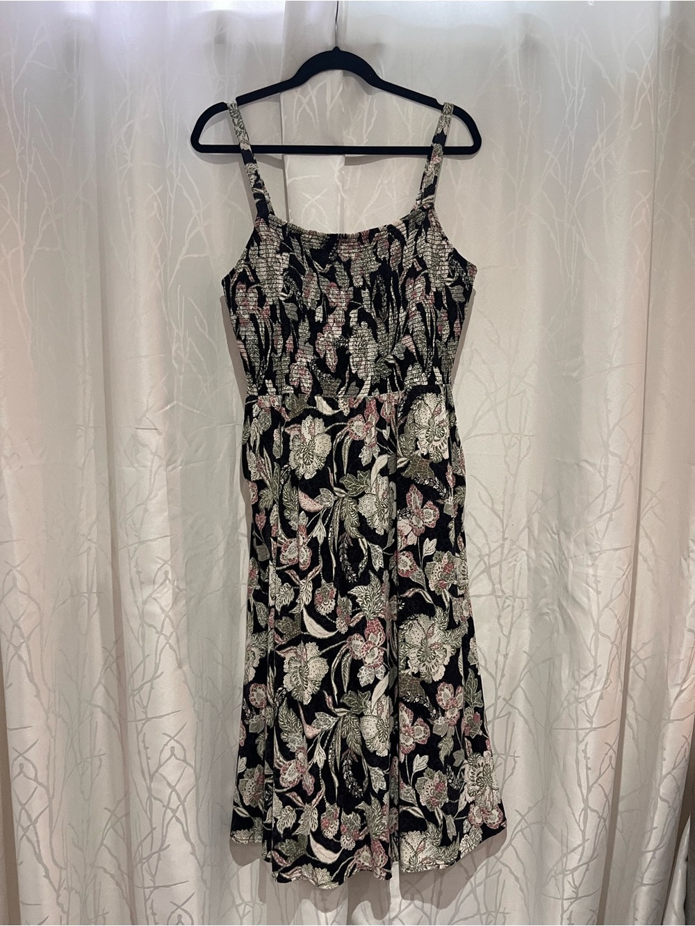 Old Navy Black Floral Midi Dress with Pink and Cream Flowers